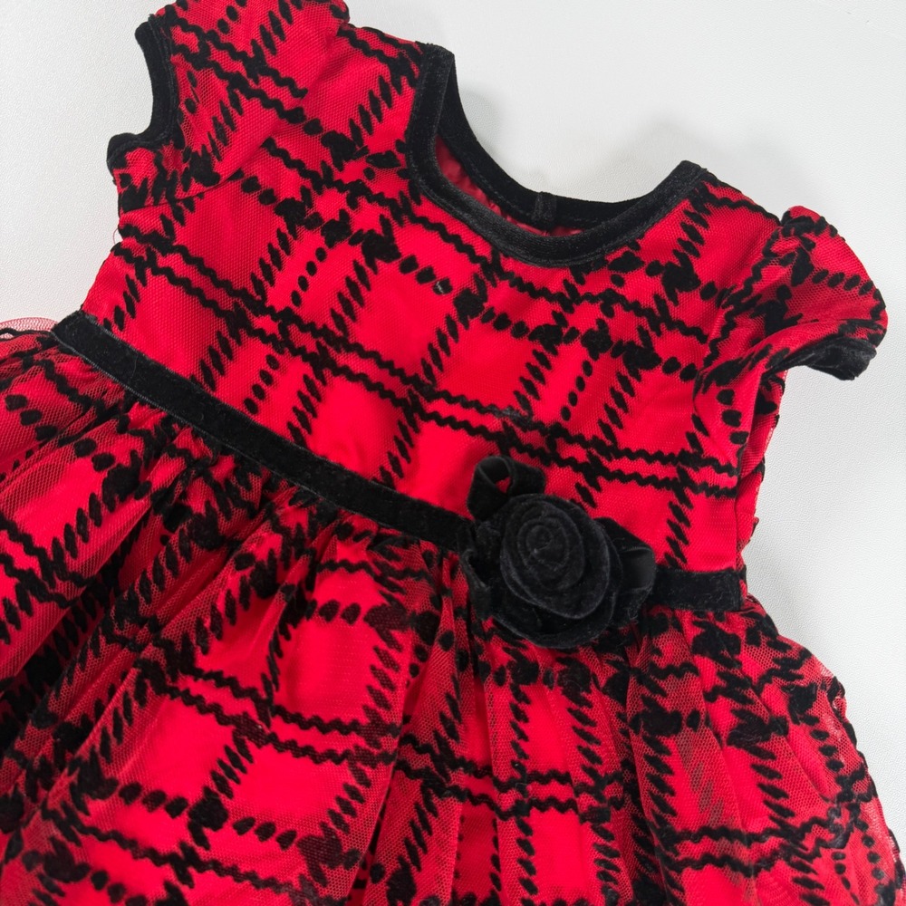 Blueberi Boulevard Holiday Party Dress Girls 18M Red Black Flocked Plaid Velvet